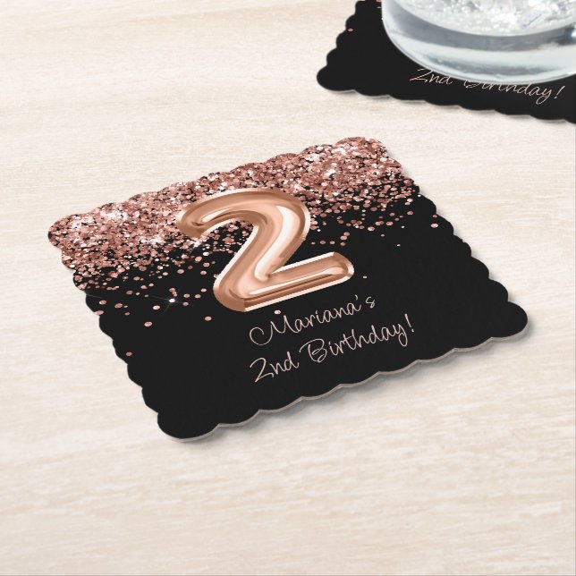 Rose Gold Black 2nd Birthday Party Paper Coaster (Angled)