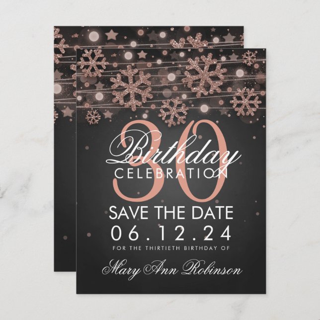 Rose Gold Black 30th Birthday Save Date Winter Invitation (Front/Back)