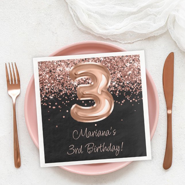  Rose Gold Black 3rd Birthday Party Napkin (Creator Uploaded)