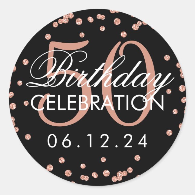 Rose Gold Black 50th Birthday Glitter Confetti Classic Round Sticker (Front)