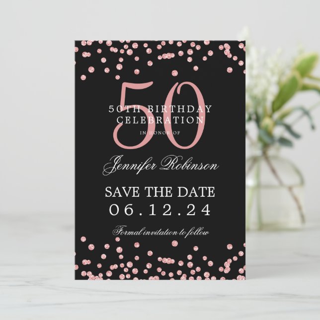 Rose Gold Black 50th Birthday Save Date Confetti Invitation (Standing Front)