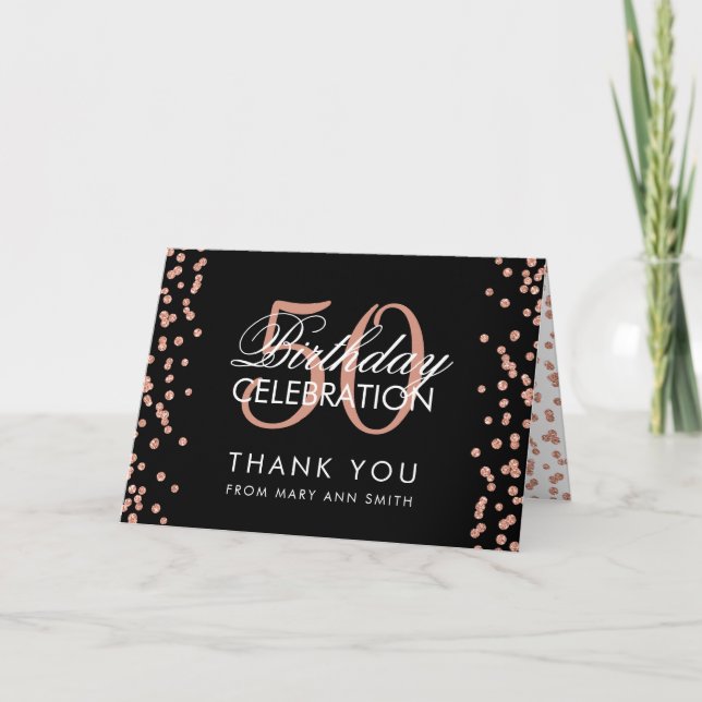 Rose Gold Black 50th Birthday Thank you Confetti Card (Front)