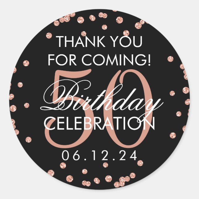 Rose Gold Black 50th Birthday Thank You Confetti Classic Round Sticker (Front)