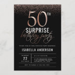 Rose Gold & Black 50th Surprise Birthday Party Invitation<br><div class="desc">Celebrate your friend's 50th birthday in style with these glam surprise party invitations. On the front, it features rose gold numbers, calligraphy and confetti against a black background, with your party details in a modern sans-serif typography separated by white lines. On the reverse, there are stripes in rose gold, white...</div>