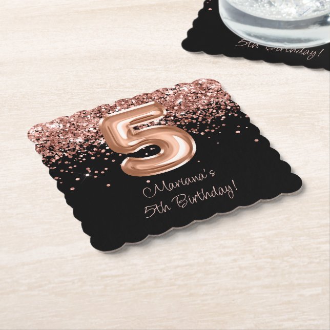  Rose Gold Black 5th Birthday Party Paper Coaster (Angled)