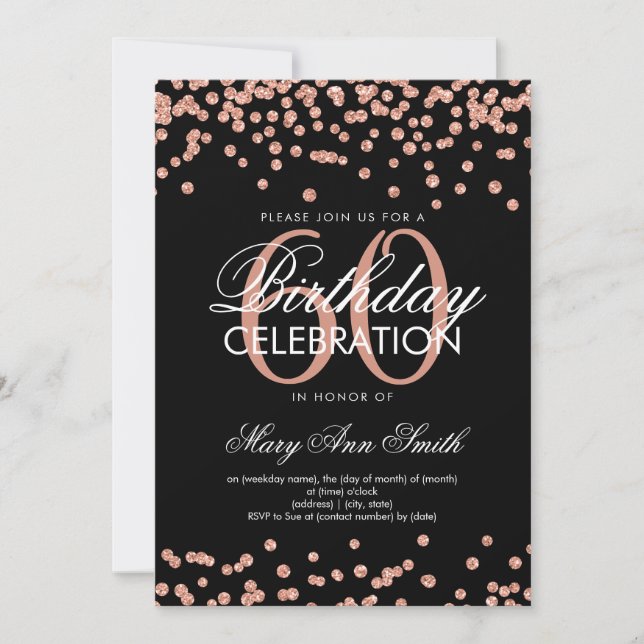 Rose Gold Black 60th Birthday Glitter Confetti Invitation (Front)