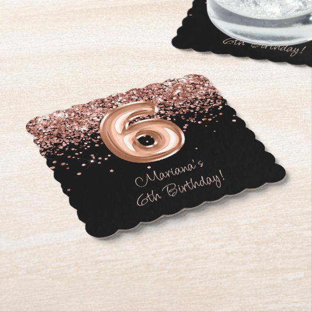 Rose Gold Black 6th Birthday Party Paper Coaster (Angled)