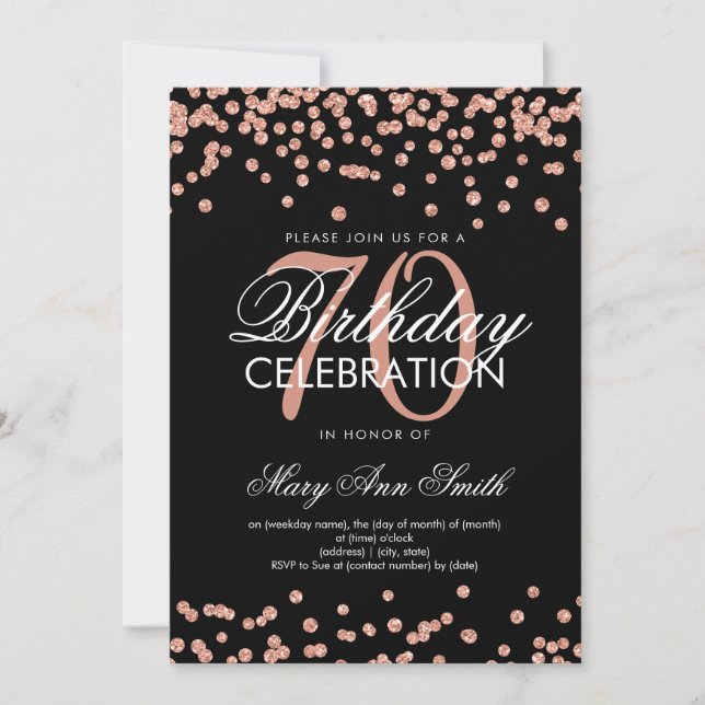 Rose Gold Black 70th Birthday Glitter Confetti Invitation (Front)
