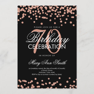 Rose Gold Black 70th Birthday Glitter Confetti Invitation