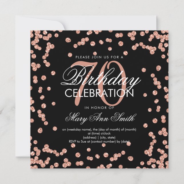 Rose Gold Black 70th Birthday Glitter Confetti Invitation (Front)