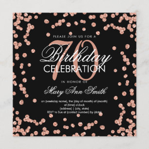 Rose Gold Black 70th Birthday Glitter Confetti Invitation