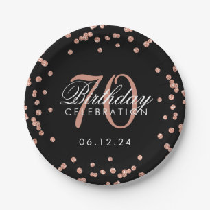 Rose Gold Black 70th Birthday Glitter Confetti Paper Plate