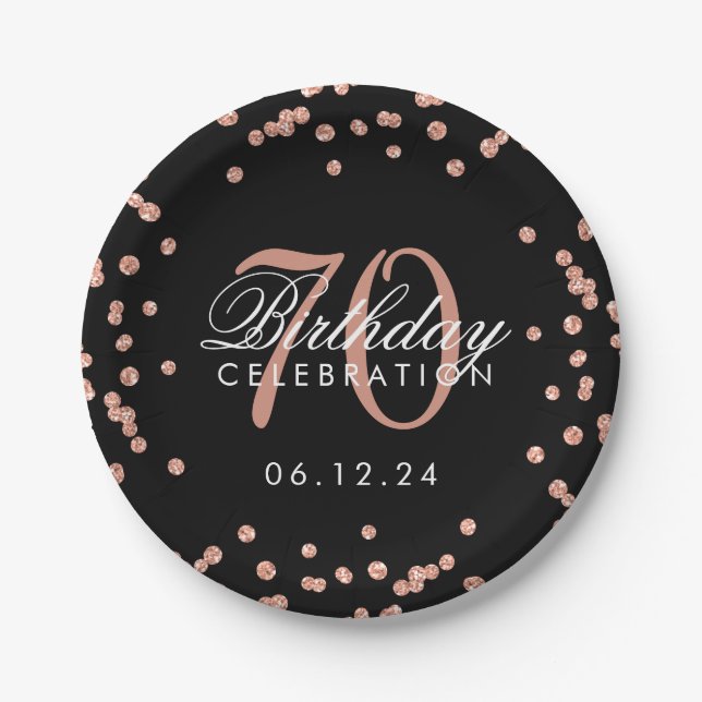 Rose Gold Black 70th Birthday Glitter Confetti Paper Plate (Front)
