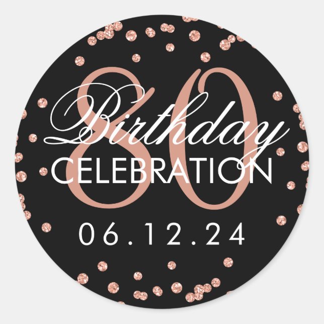Rose Gold Black 80th Birthday Glitter Confetti Classic Round Sticker (Front)