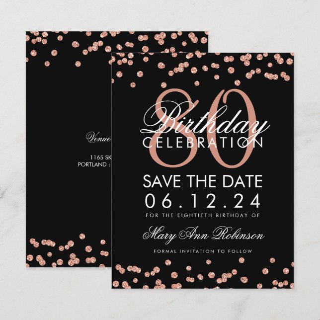 Rose Gold Black 80th Birthday Save Date Confetti Invitation (Front/Back)