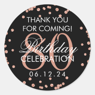 Rose Gold Black 80th Birthday Thank You Glitter Classic Round Sticker