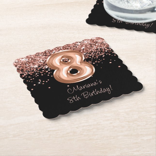  Rose Gold Black 8th Birthday Party Paper Coaster (Angled)