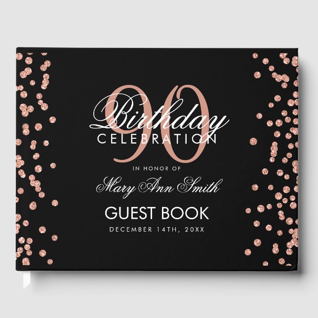 Rose Gold Black 90th Birthday Glitter Confetti Guest Book (Front)