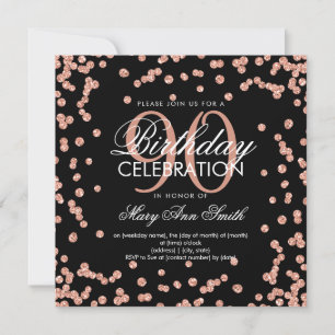 Rose Gold Black 90th Birthday Glitter Confetti Invitation