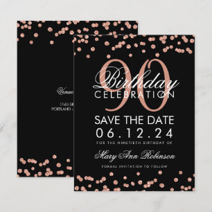 Rose Gold Black 90th Birthday Save Date Confetti Invitation