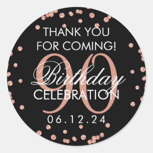 Rose Gold Black 90th Birthday Thank You Glitter Classic Round Sticker