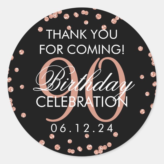 Rose Gold Black 90th Birthday Thank You Glitter Classic Round Sticker (Front)