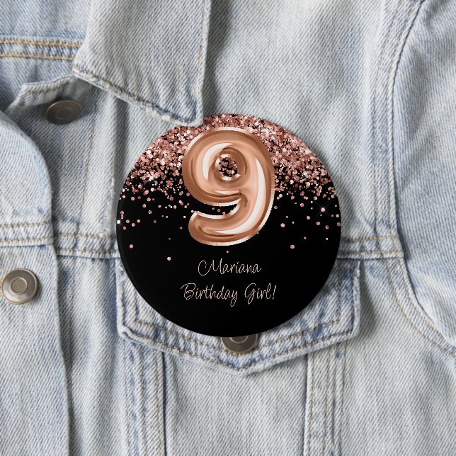 Rose Gold Black 9th Birthday Party 10 Cm Round Badge (In Situ)