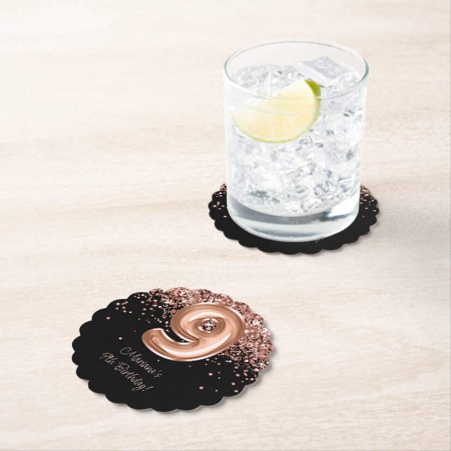  Rose Gold Black 9th Birthday Party Paper Coaster (Insitu)