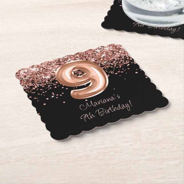  Rose Gold Black 9th Birthday Party Paper Coaster (Angled)
