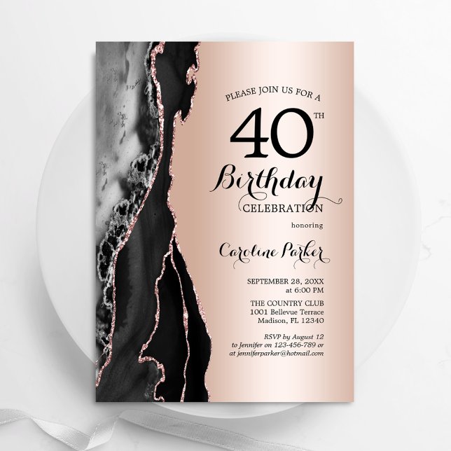 Rose Gold Black Agate 40th Birthday Invitation (Creator Uploaded)
