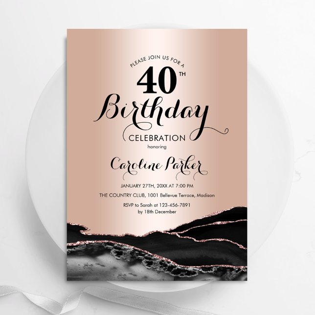 Rose Gold Black Agate 40th Birthday Invitation (Creator Uploaded)