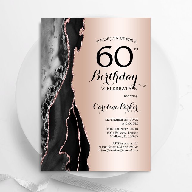 Rose Gold Black Agate 60th Birthday Invitation (Creator Uploaded)