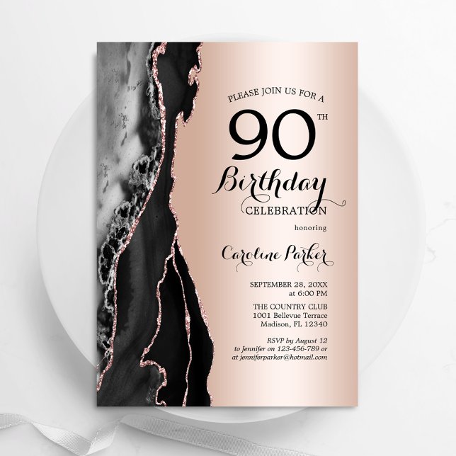 Rose Gold Black Agate 90th Birthday Invitation (Creator Uploaded)