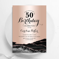 Rose Gold Black Agate Marble 50th Birthday