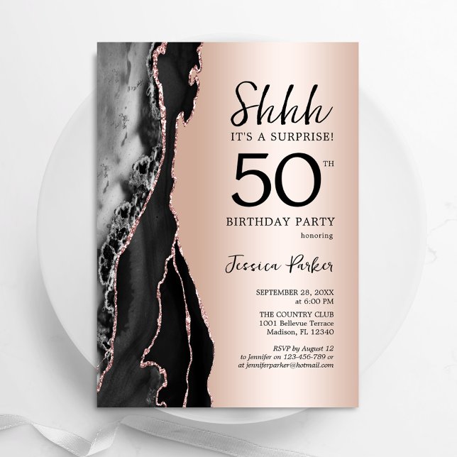 Rose Gold Black Agate Surprise 50th Birthday Invitation (Creator Uploaded)
