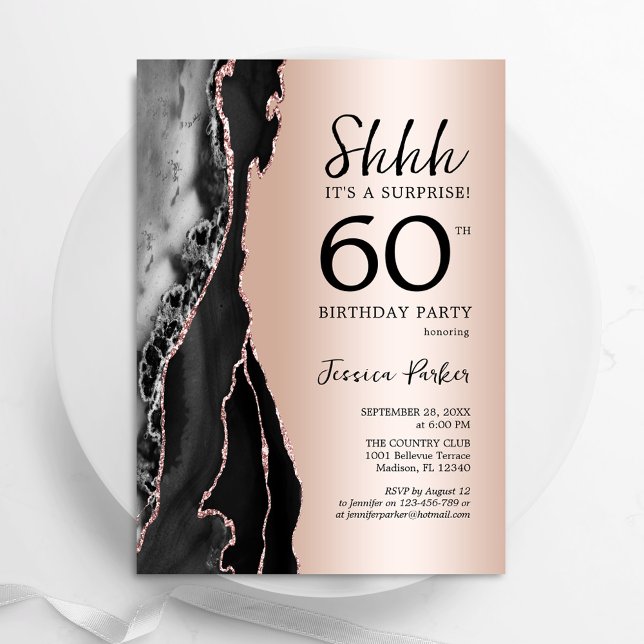 Rose Gold Black Agate Surprise 60th Birthday Invitation (Creator Uploaded)