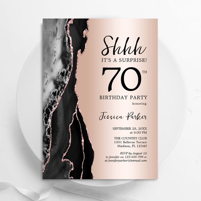 Rose Gold Black Agate Surprise 70th Birthday Invitation (Creator Uploaded)