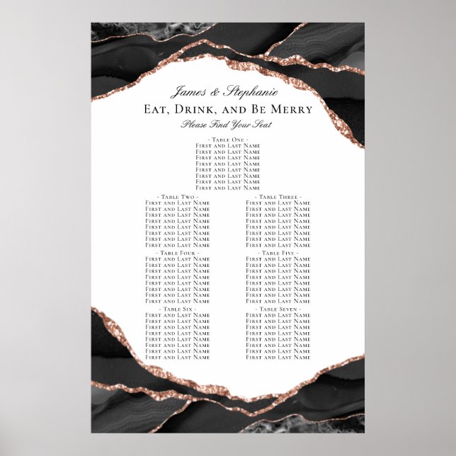 Rose Gold Black Agate Wedding Seating Chart (Front)
