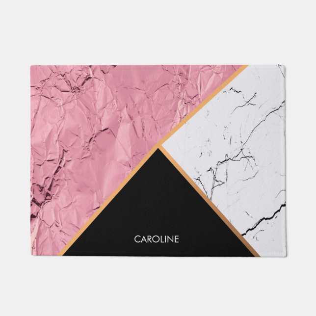 Rose Gold Black and White Marble Pattern Doormat (Front)