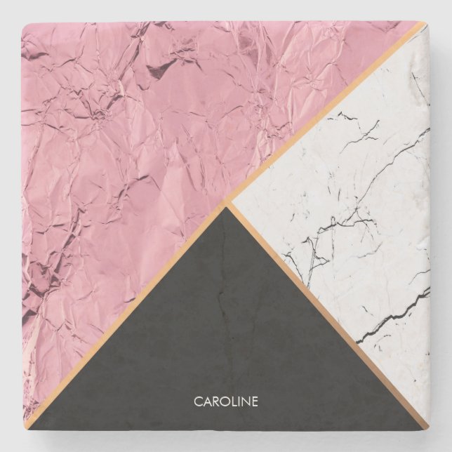 Rose Gold Black and White Marble Pattern Stone Coaster (Front)