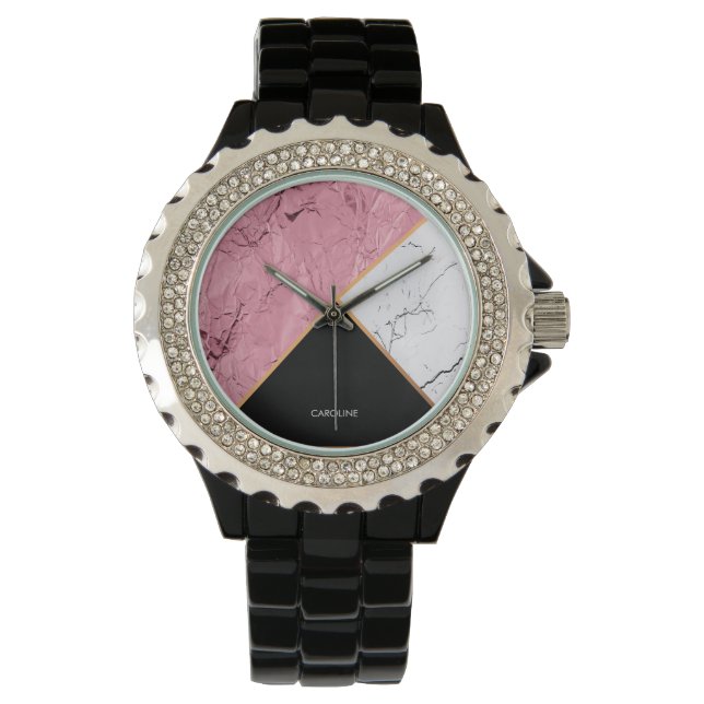 Rose Gold Black and White Marble Pattern Watch (Front)