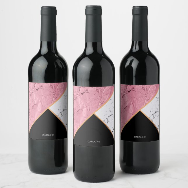 Rose Gold Black and White Marble Pattern Wine Label (Bottles)