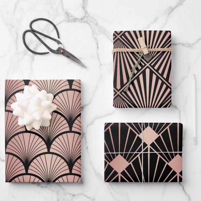 Rose Gold & Black Art Deco Trio Wrapping Paper Sheet (Front)