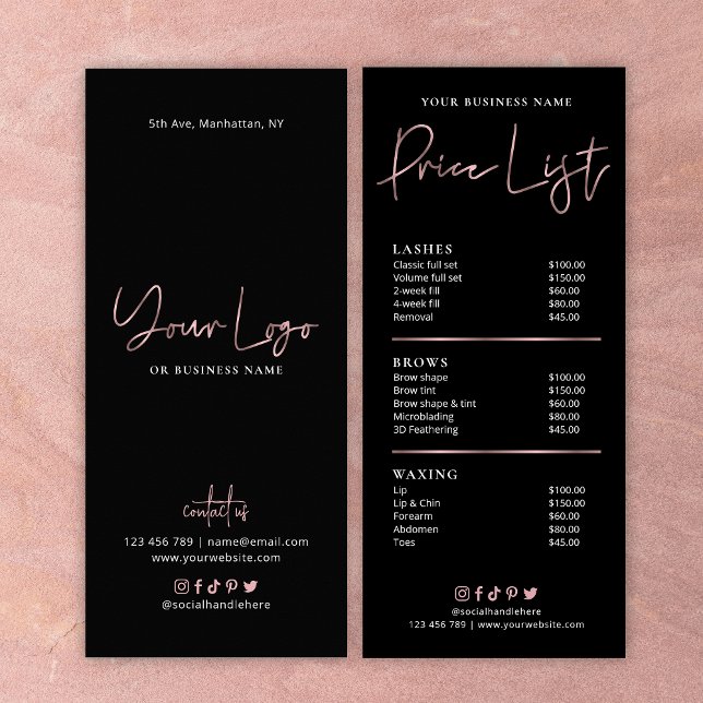 Rose Gold Black Beauty Price List Of Services Rack Card (Creator Uploaded)