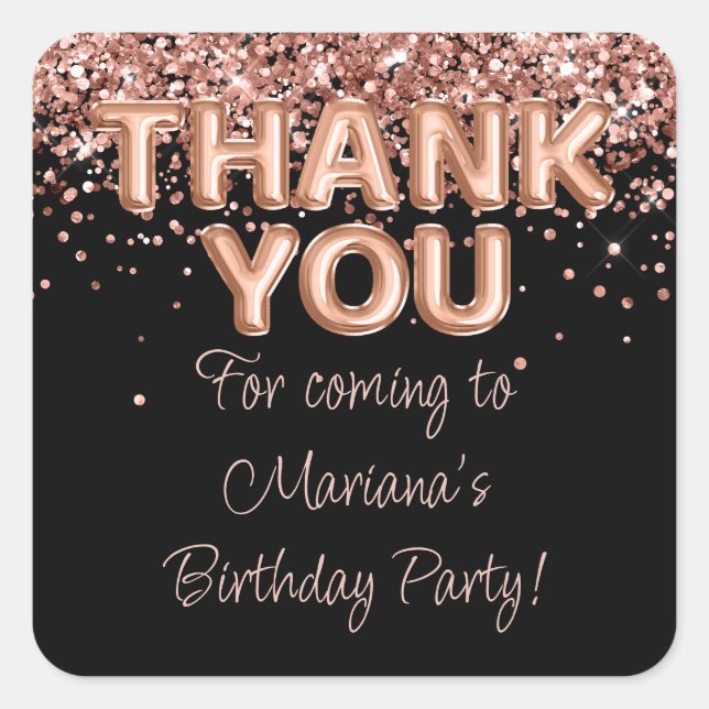 Rose Gold Black Birthday Party Favours Square Sticker (Front)