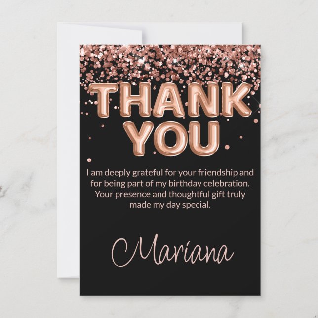 Rose Gold Black Birthday Party Thank You Card (Front)