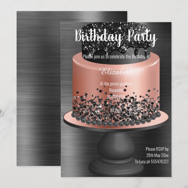 ROSE GOLD BLACK BLACK CAKE BIRTHDAY INVITATION  (Front/Back)