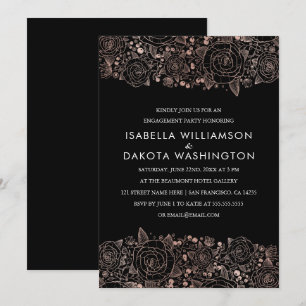 Rose Gold & Black Chic Floral Engagement Party Invitation