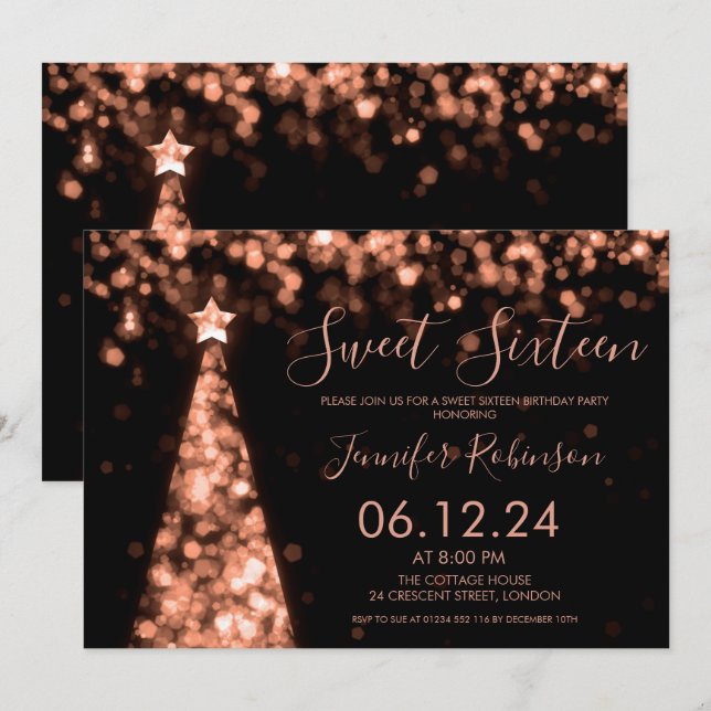 Rose Gold & Black Christmas Sweet 16 Party Invitation (Front/Back)