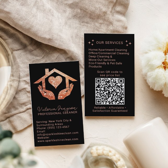 Rose Gold Black Cleaning Service Maid QR Logo Business Card (Rose Gold Black Cleaning Service Maid QR Logo Business Card)